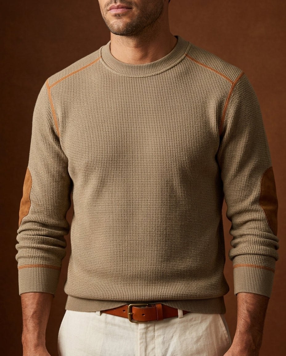 Men's Waffle Knit Sweater with Suede Elbow Patches