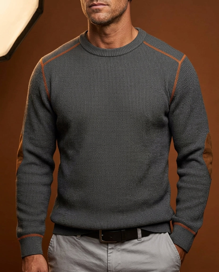 Men's Waffle Knit Sweater with Suede Elbow Patches