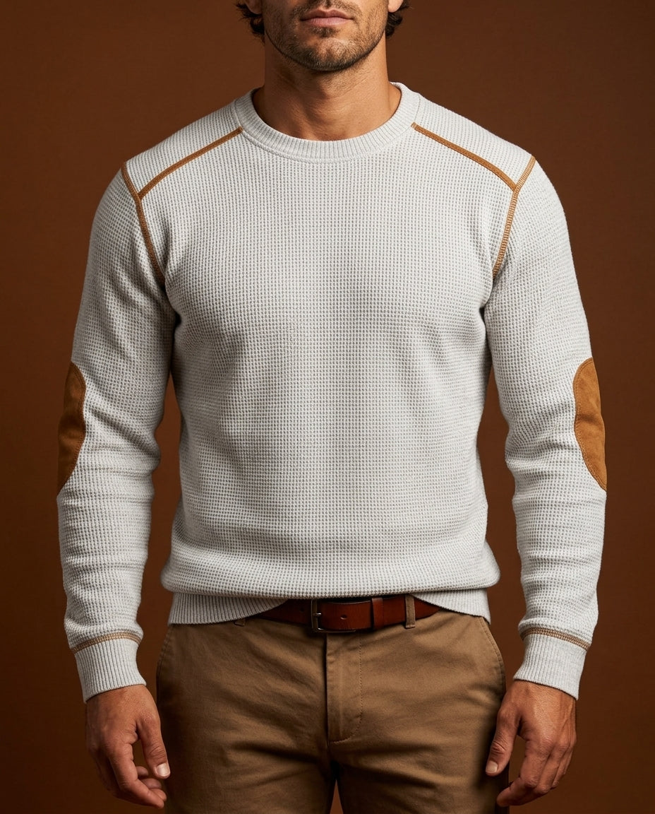 Men's Waffle Knit Sweater with Suede Elbow Patches