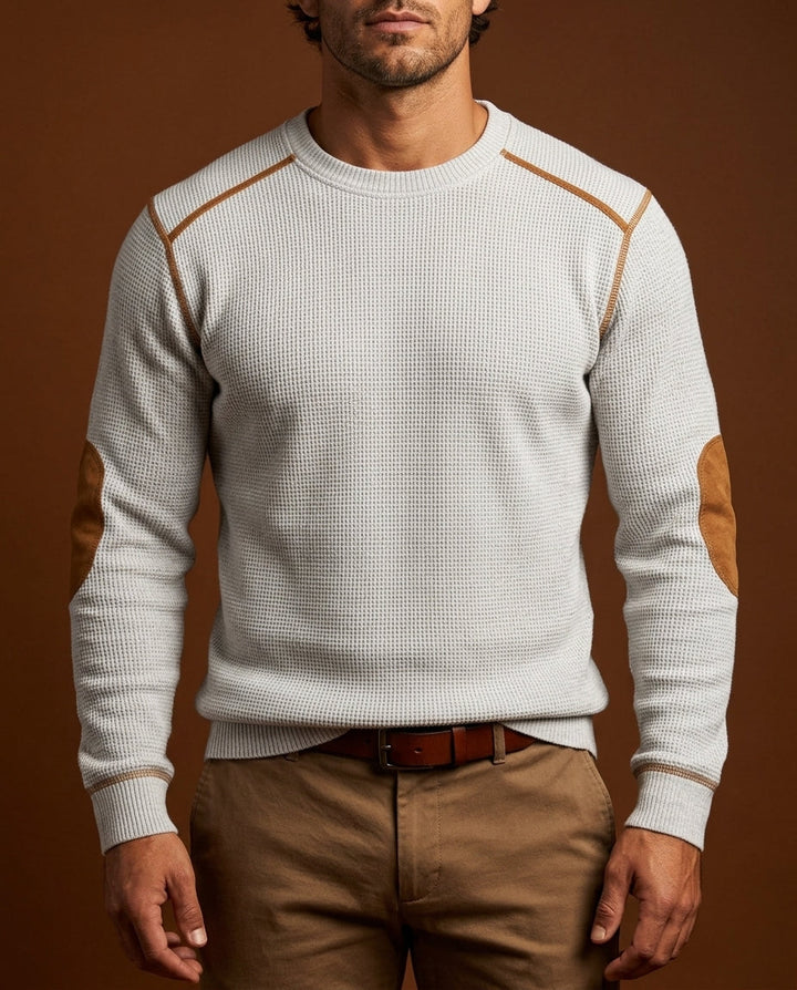 Men's Waffle Knit Sweater with Suede Elbow Patches