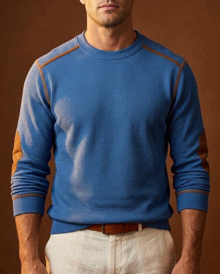 Men's Waffle Knit Sweater with Suede Elbow Patches