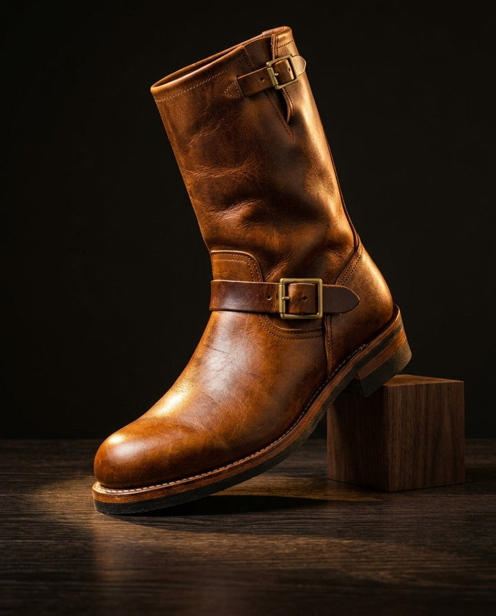 Men's Distressed Leather Engineer Boots with Double Buckle Straps