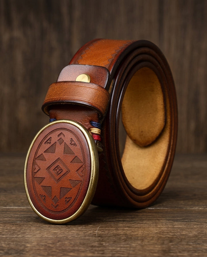 Men's Leather Belt with Engraved Oval Buckle