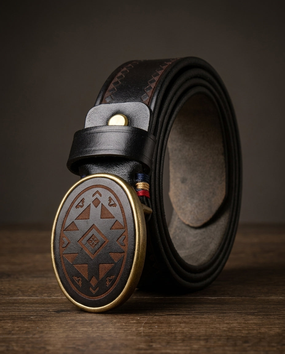 Men's Leather Belt with Engraved Oval Buckle