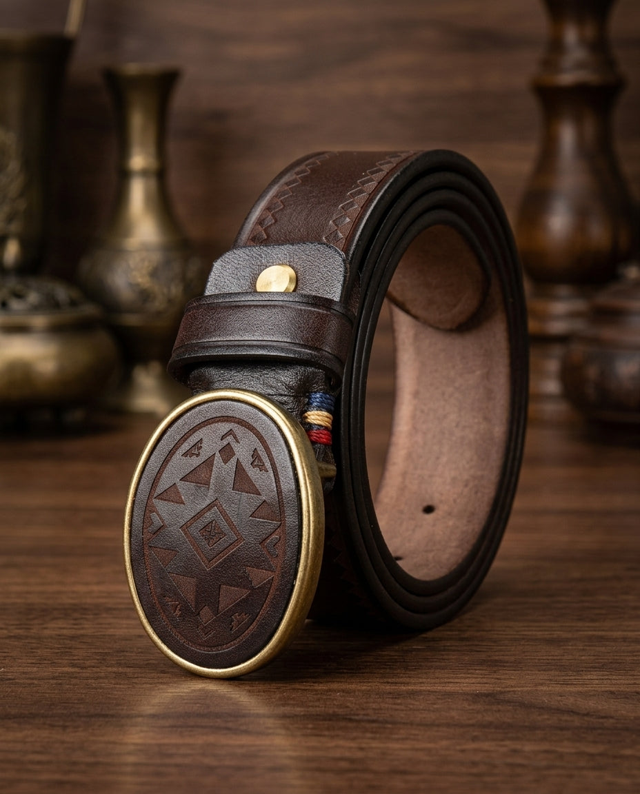 Men's Leather Belt with Engraved Oval Buckle