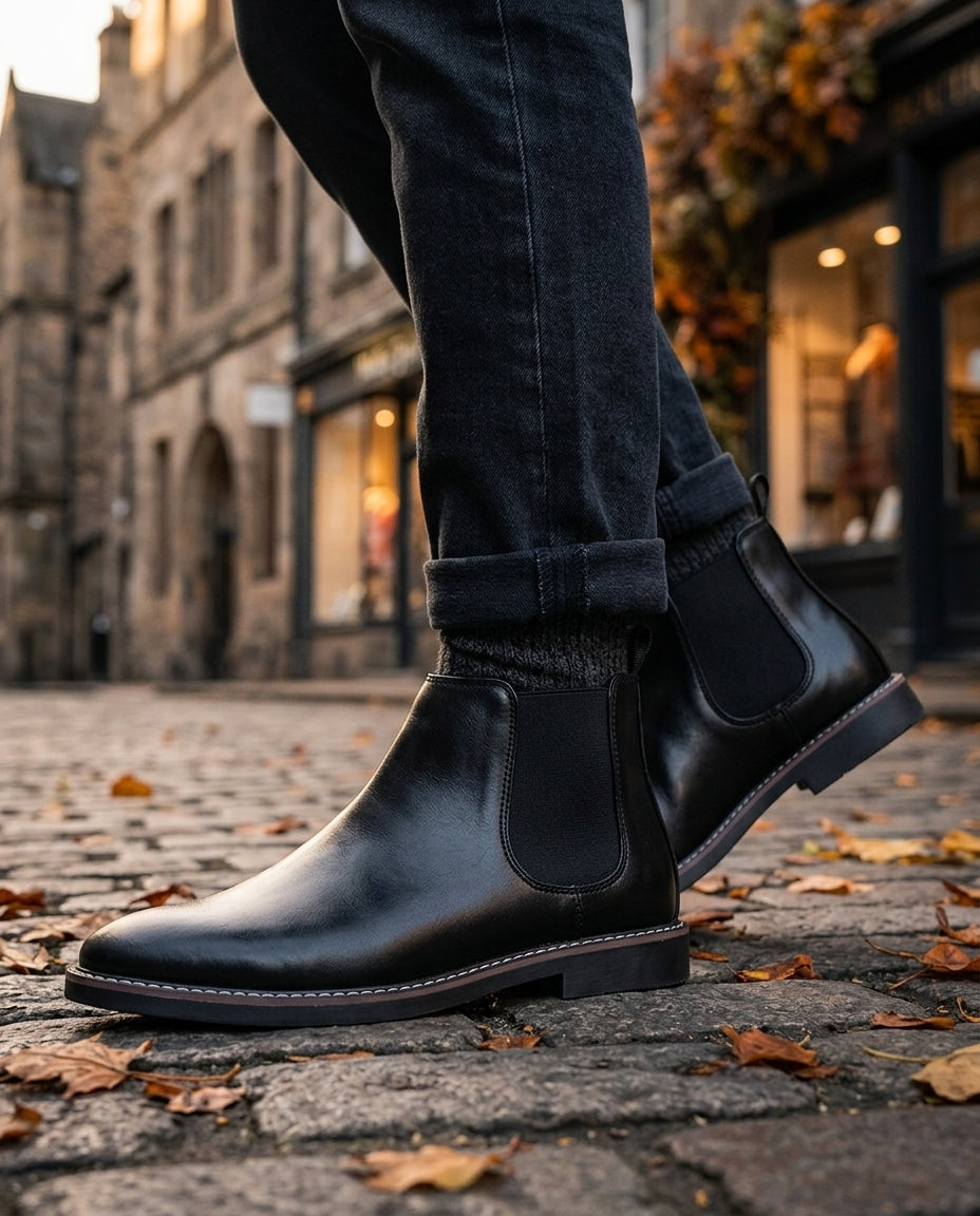 Men's Leather Chelsea Boots with Elastic Side Panel