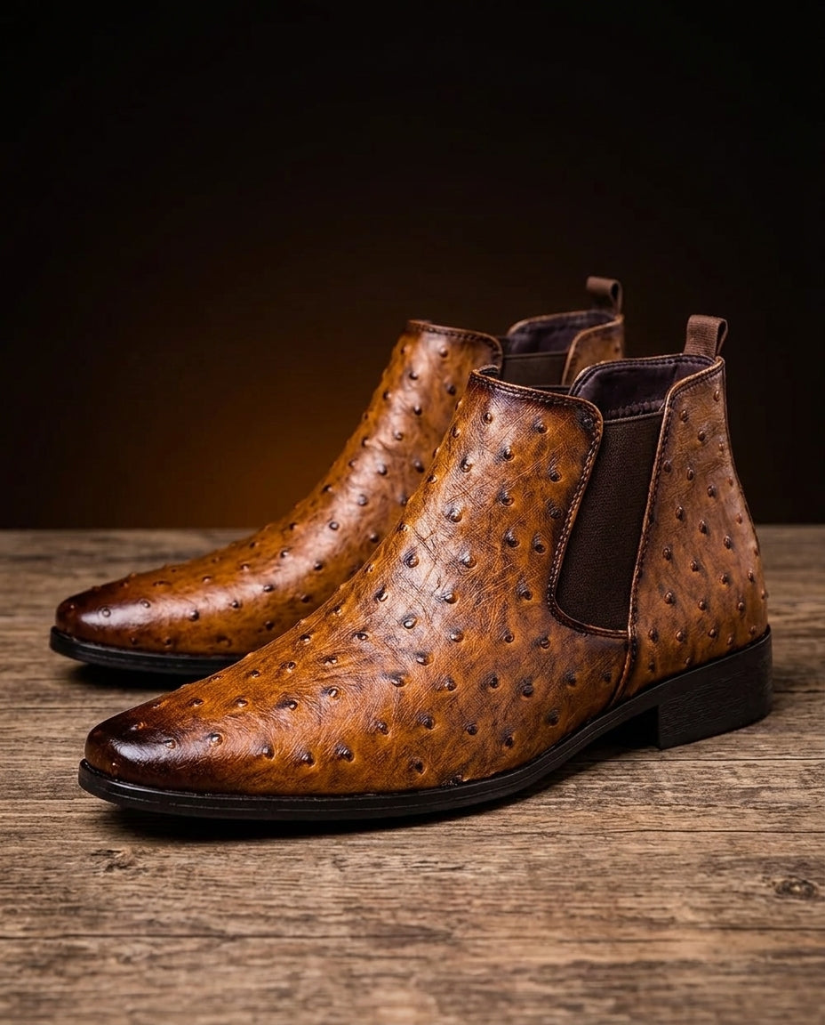 Men's Ostrich Embossed Chelsea Boots with Slip-On Design