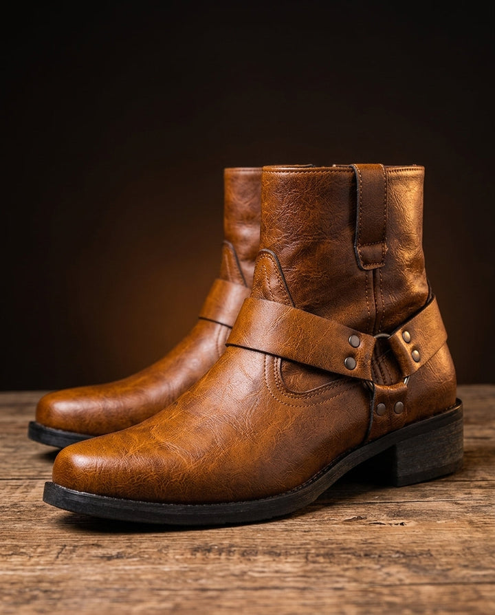 Men's Leather Harness Ankle Boots with Buckle Strap