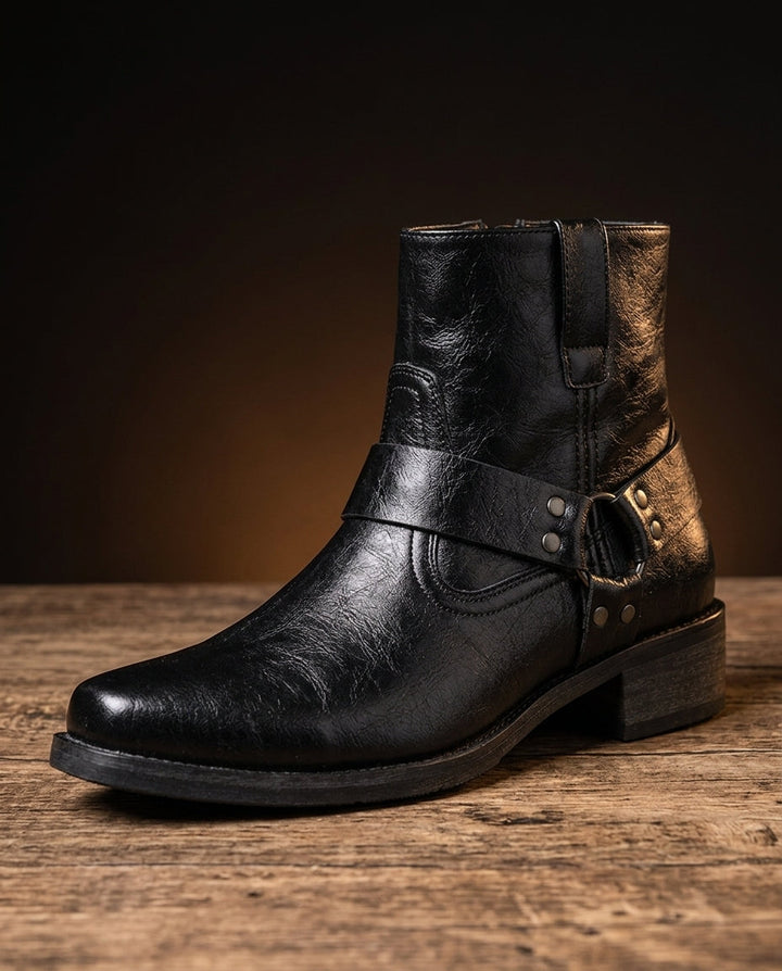 Men's Leather Harness Ankle Boots with Buckle Strap