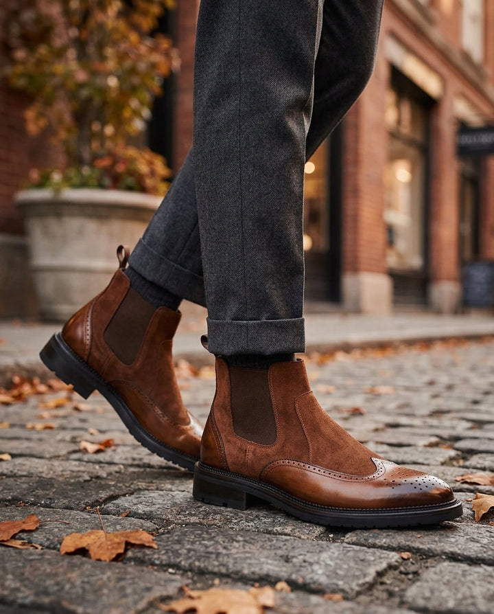 Men's Leather Suede Chelsea Boots with Brogue Detail