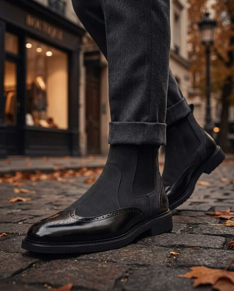 Men's Leather Suede Chelsea Boots with Brogue Detail