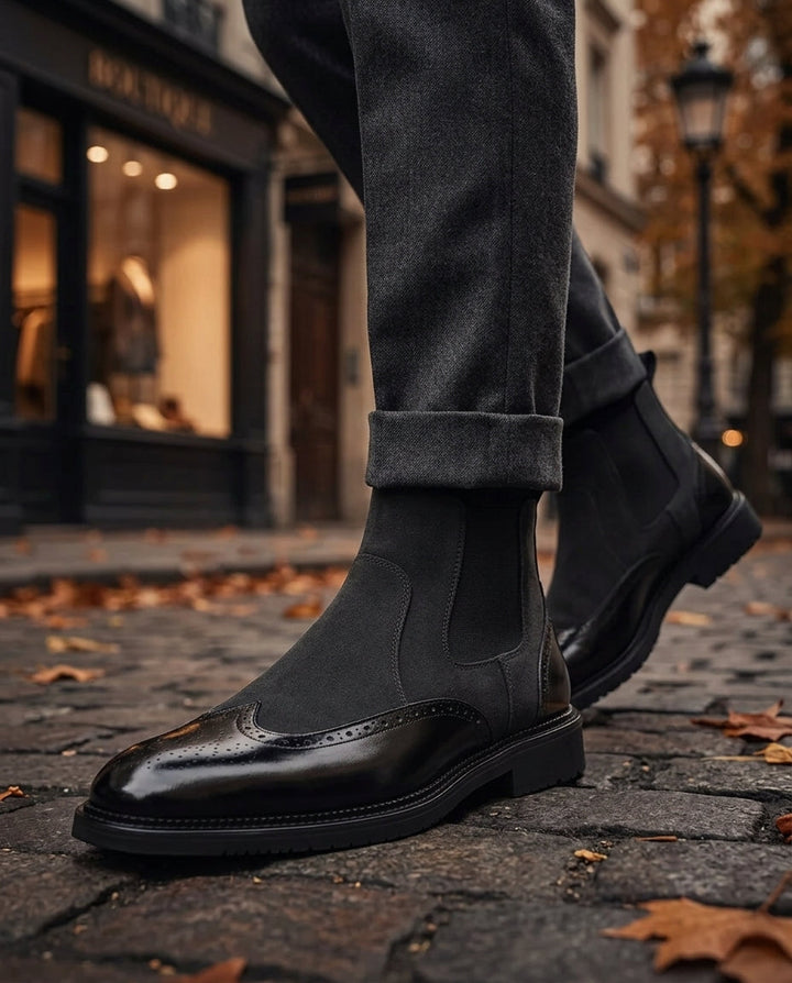 Men's Leather Suede Chelsea Boots with Brogue Detail