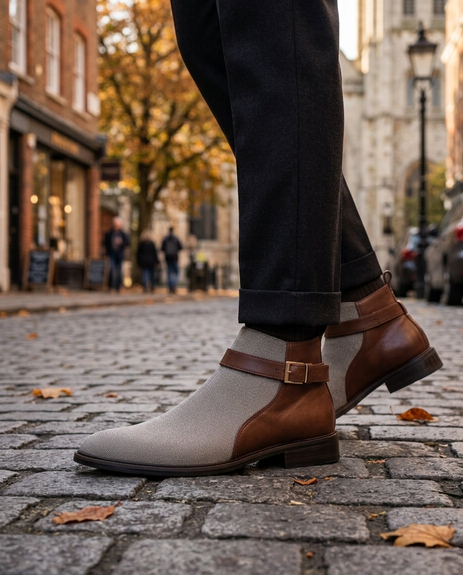 Men's Leather Buckle-Strap Chelsea Boots