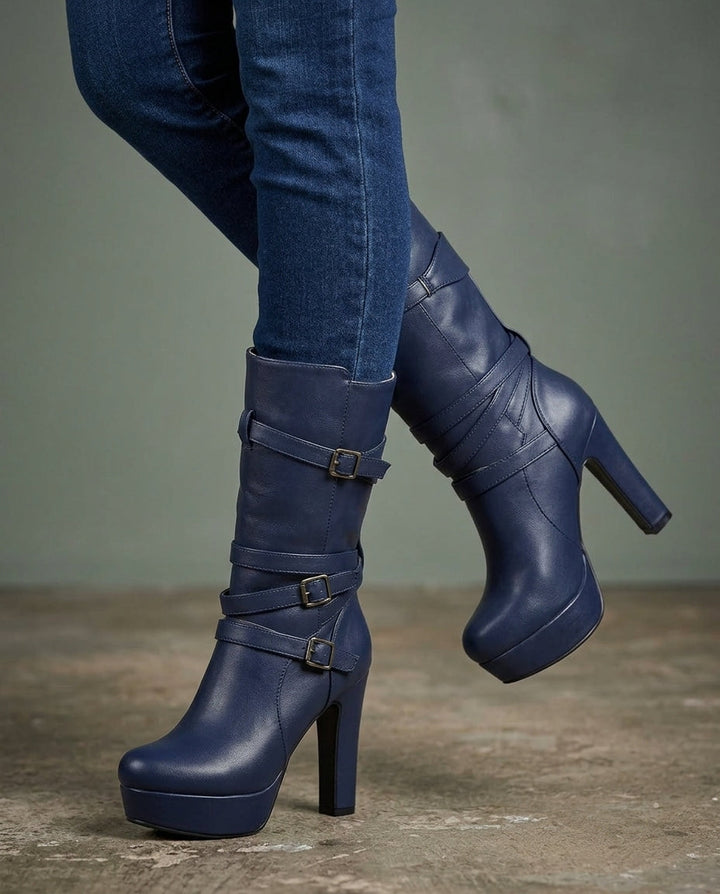 Women's Buckle Strap Platform Heeled Boots