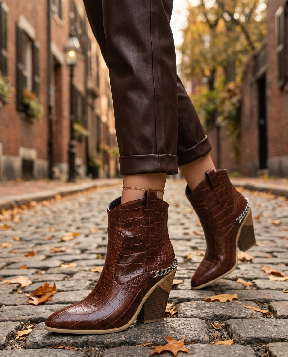 Women's Croc-Embossed Western Ankle Boots with Chain Detail
