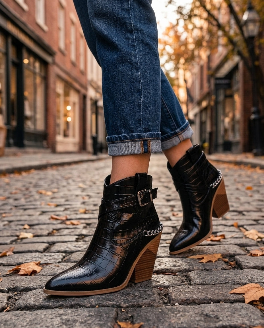 Women's Croc-Embossed Western Ankle Boots with Chain Detail