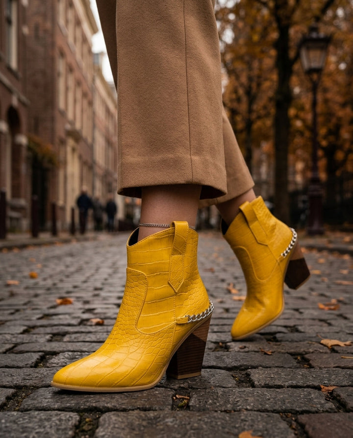 Women's Croc-Embossed Western Ankle Boots with Chain Detail