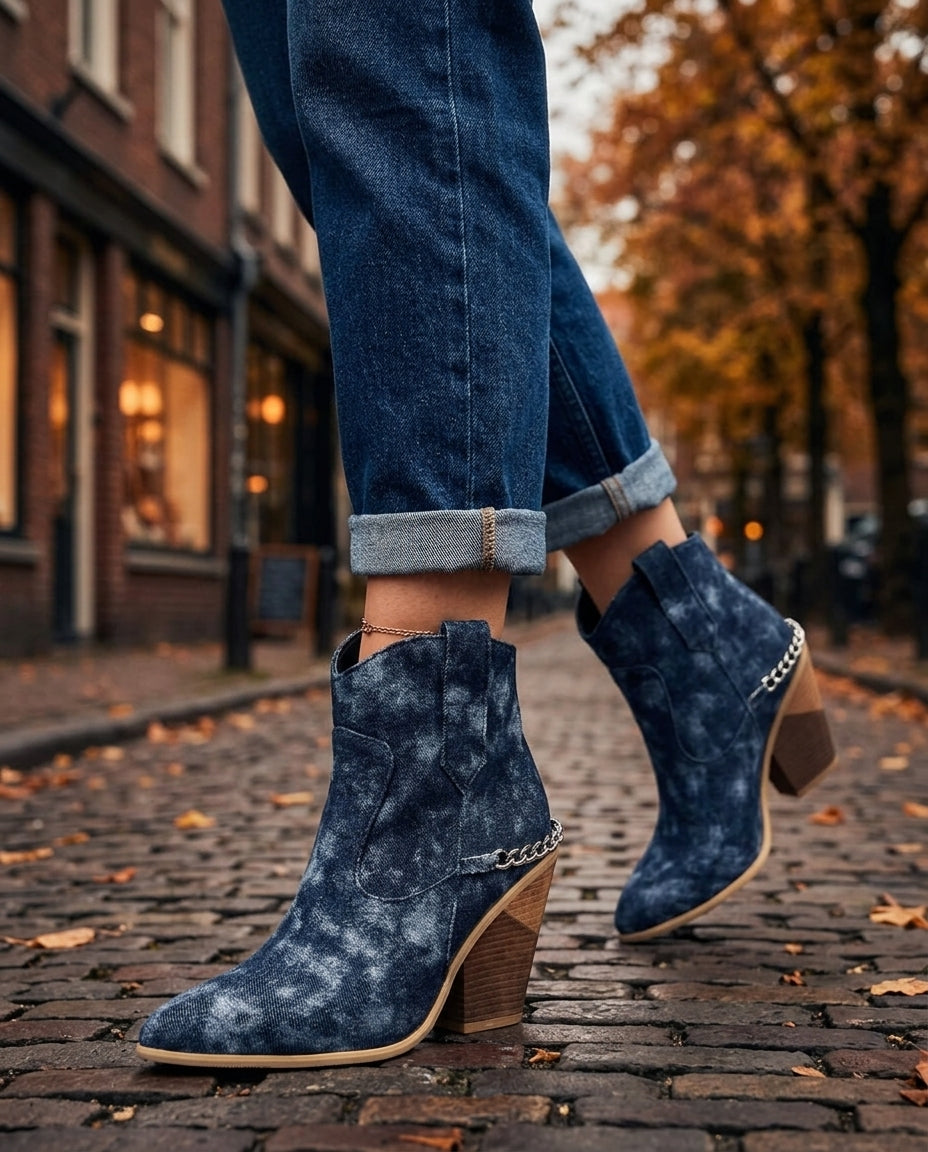 Women's Croc-Embossed Western Ankle Boots with Chain Detail
