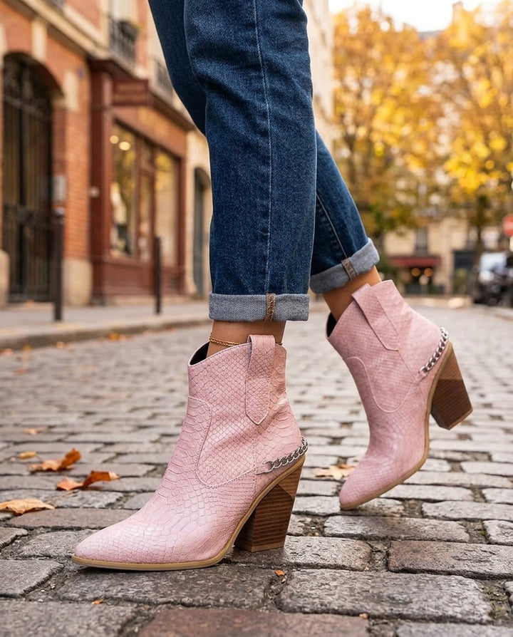 Women's Croc-Embossed Western Ankle Boots with Chain Detail