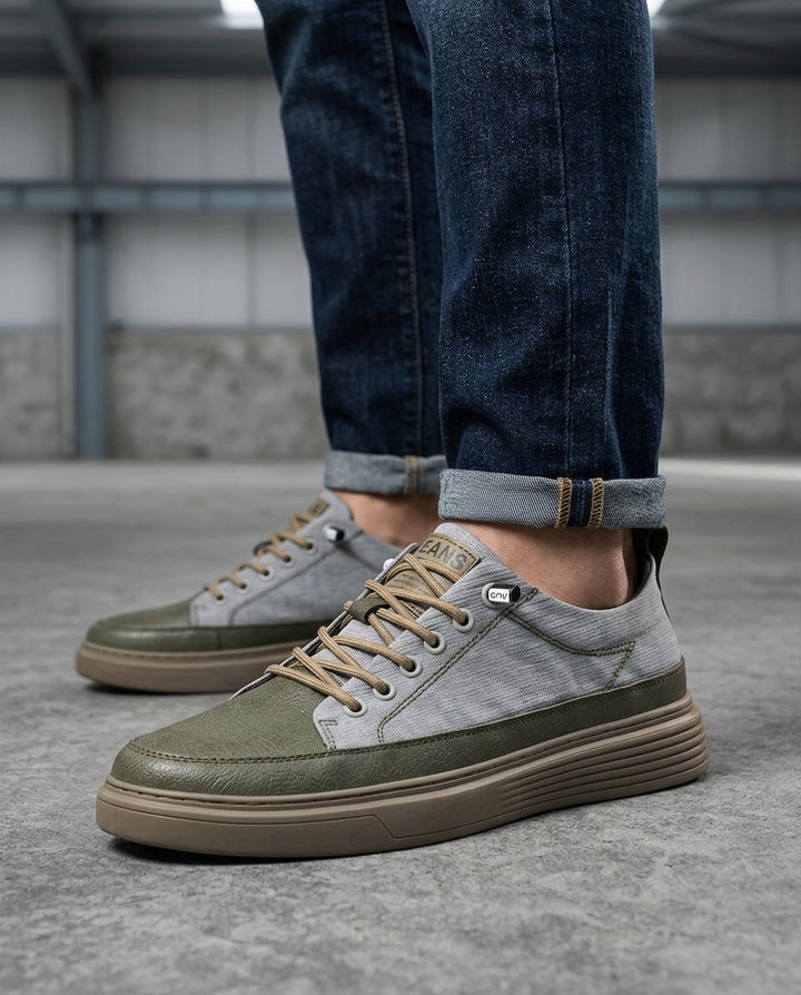 Men's Denim Panel Chunky Sneakers with Lace-Up Closure