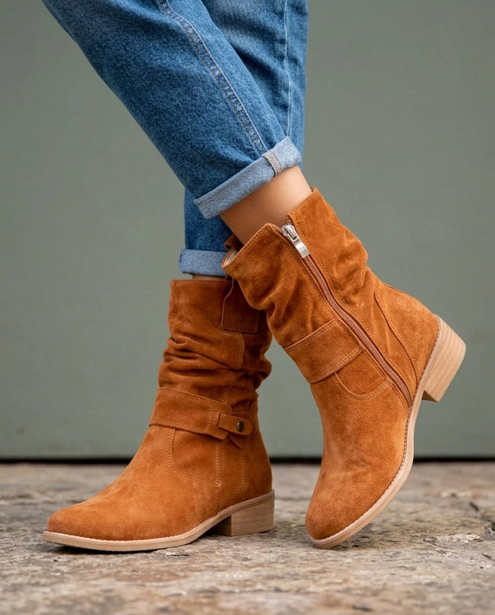 Women's Suede Slouch Boots with Buckle Strap Detail