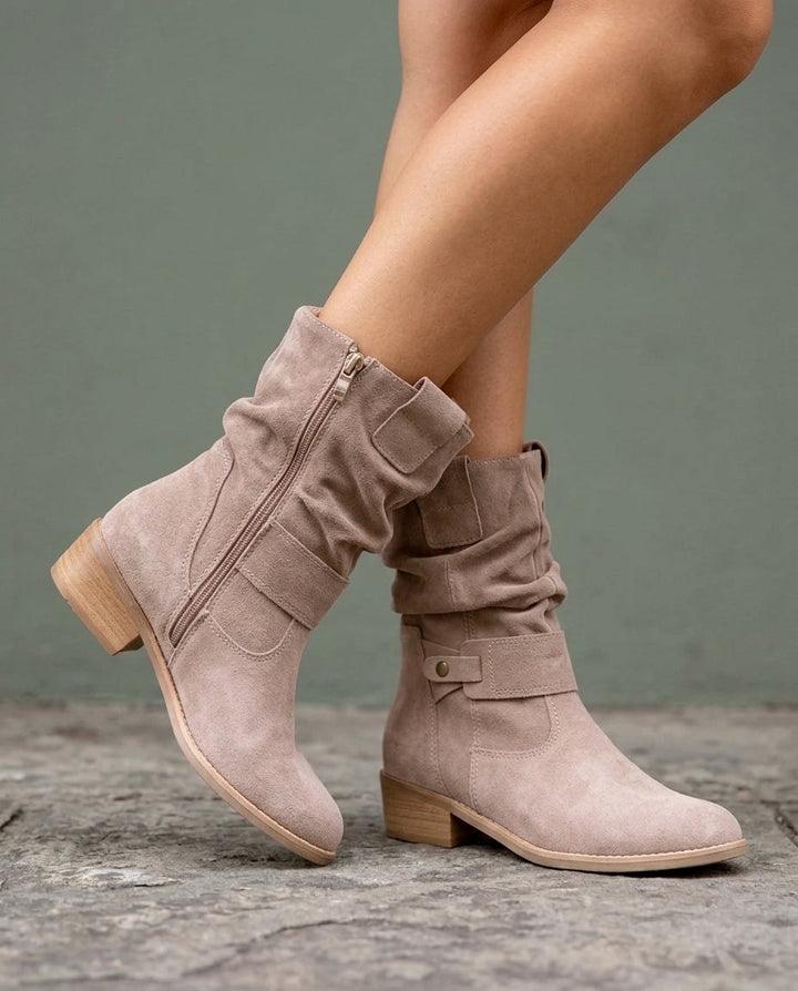 Women's Suede Slouch Boots with Buckle Strap Detail