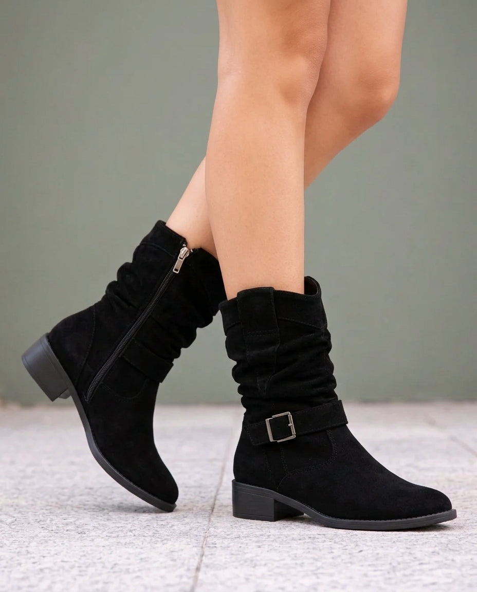 Women's Suede Slouch Boots with Buckle Strap Detail