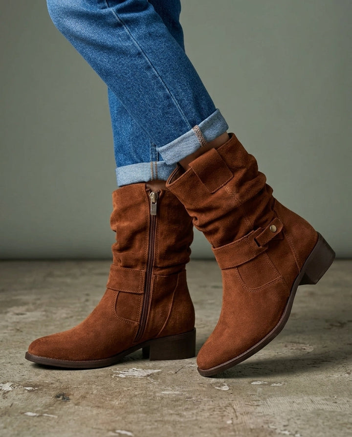 Women's Suede Slouch Boots with Buckle Strap Detail