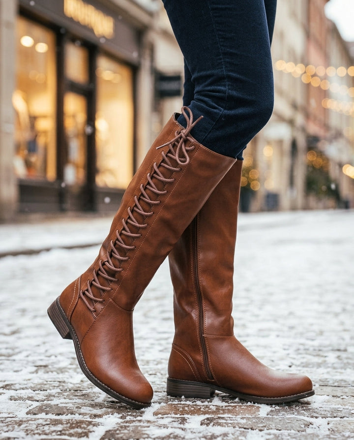Women's Leather Knee-High Boots with Lace-Up Detail