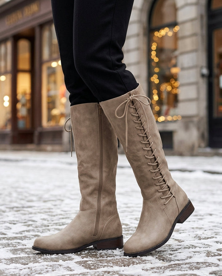 Women's Leather Knee-High Boots with Lace-Up Detail