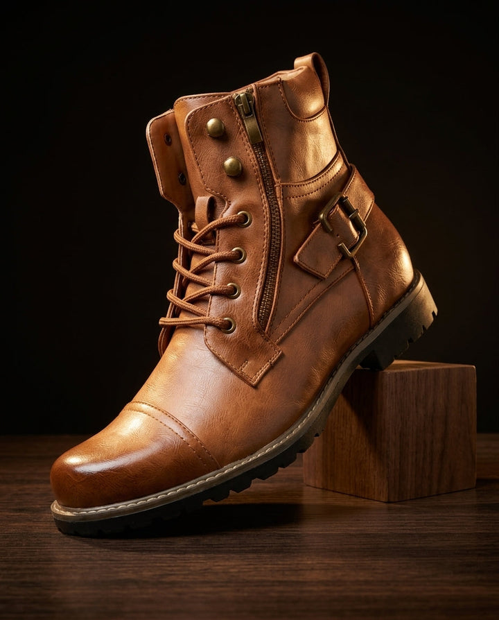 Men's Leather Lace-Up Boots with Buckle Strap