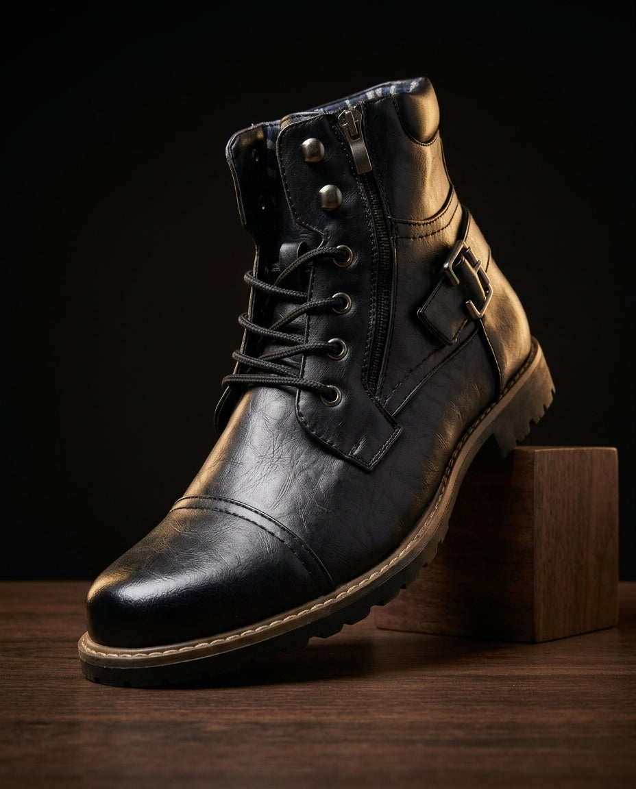 Men's Leather Lace-Up Boots with Buckle Strap