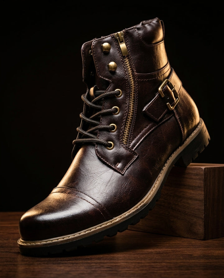 Men's Leather Lace-Up Boots with Buckle Strap