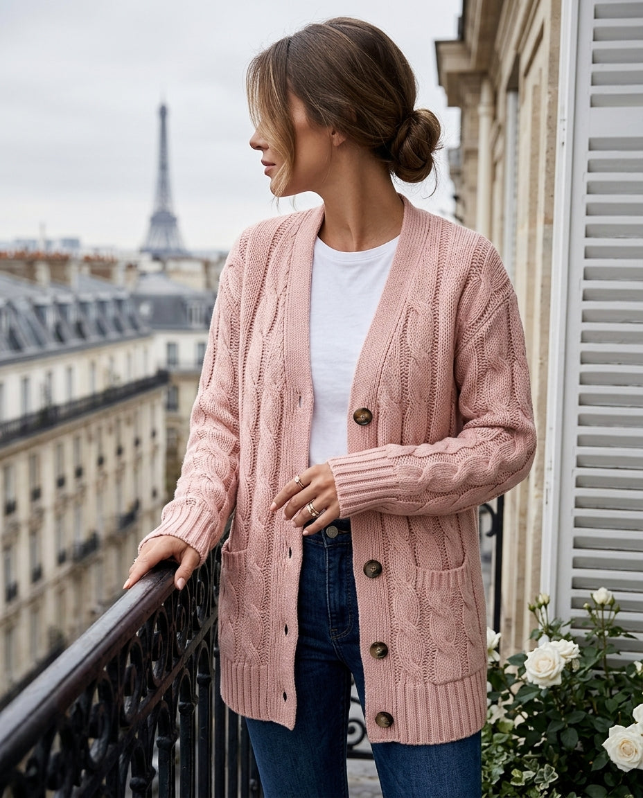 Women's Cable Knit Cardigan with Front Pockets