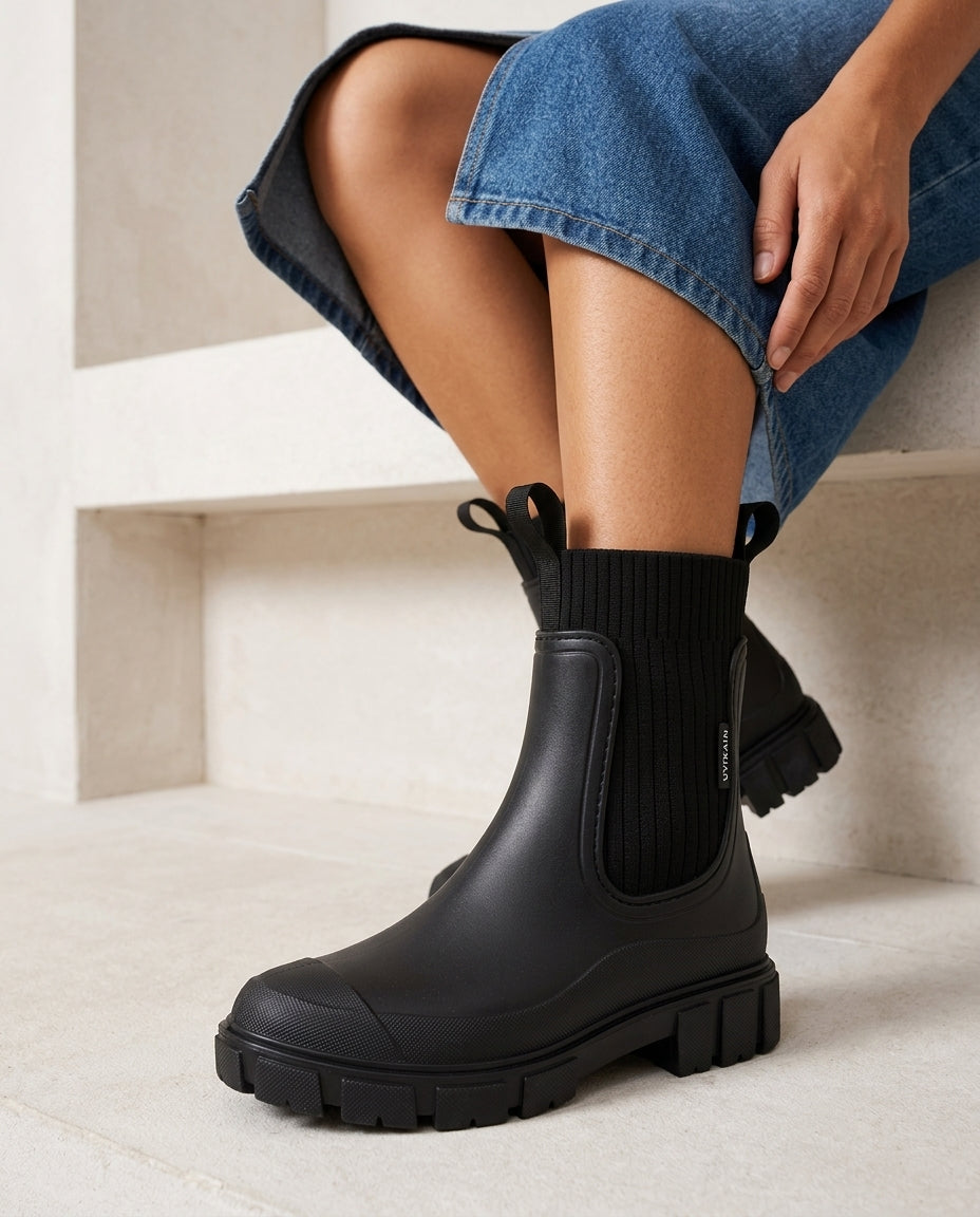 Women's Platform Chelsea Boots with Ribbed Knit Cuff