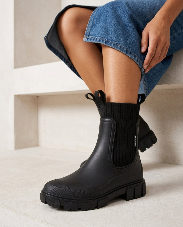 Women's Platform Chelsea Boots with Ribbed Knit Cuff