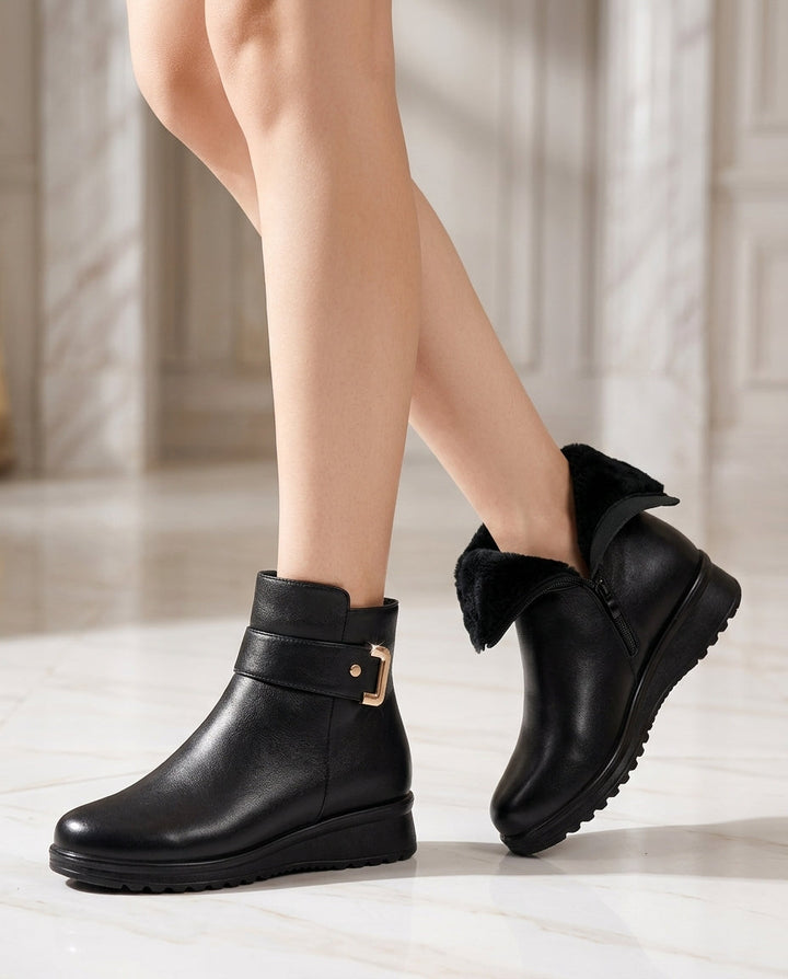 Women's Leather Ankle Boots with Faux Fur Trim