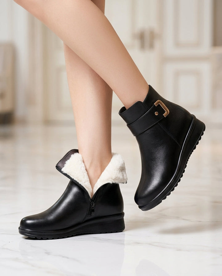 Women's Leather Ankle Boots with Faux Fur Trim
