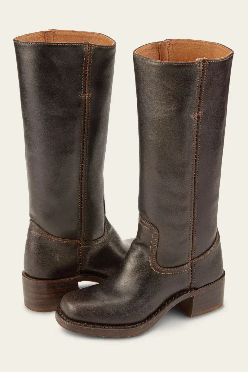 Women's Leather Knee-High Boots with Stacked Heel