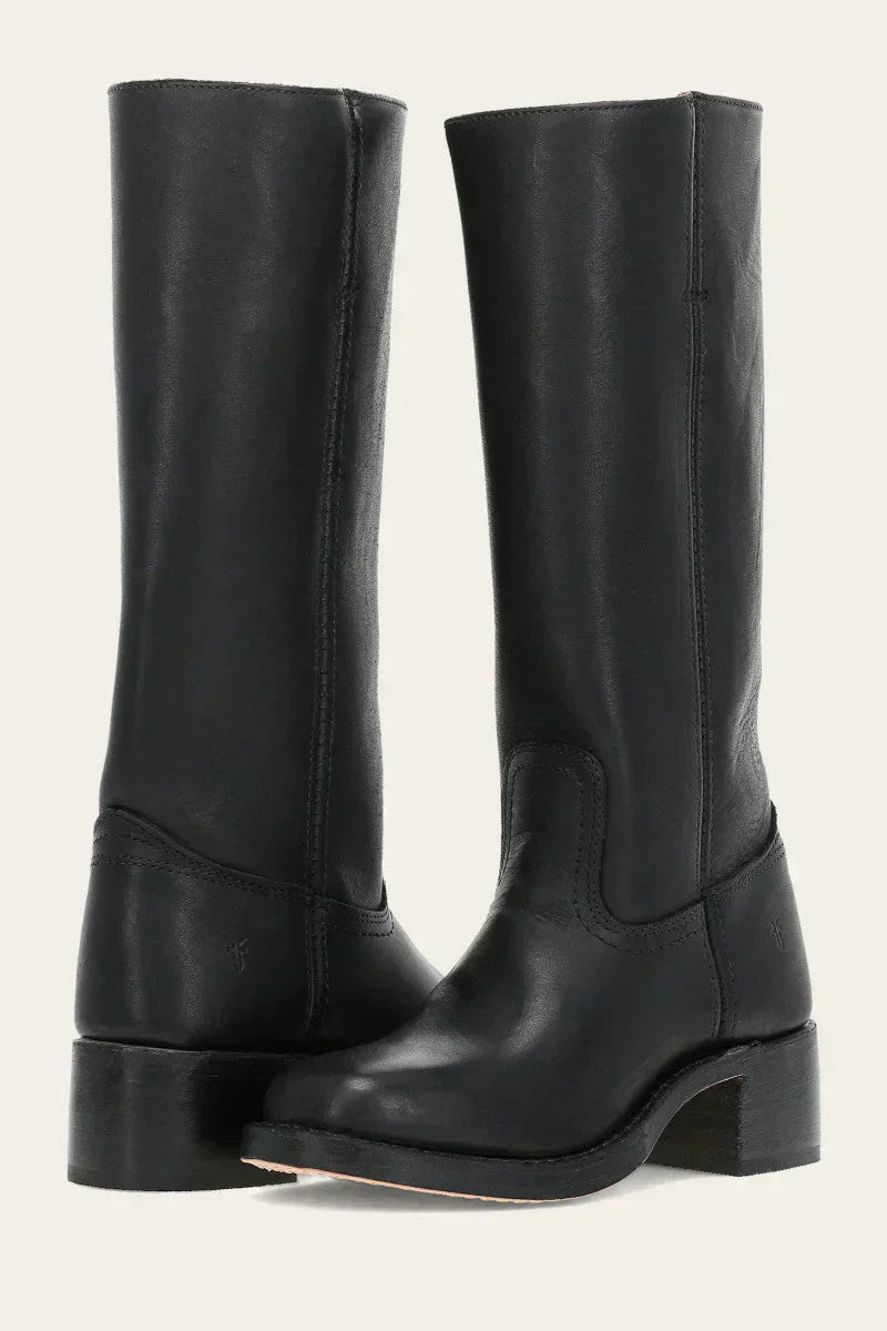 Women's Leather Knee-High Boots with Stacked Heel