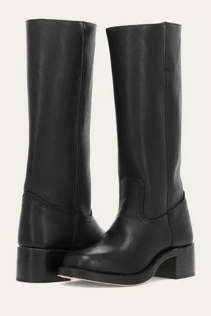Women's Leather Knee-High Boots with Stacked Heel