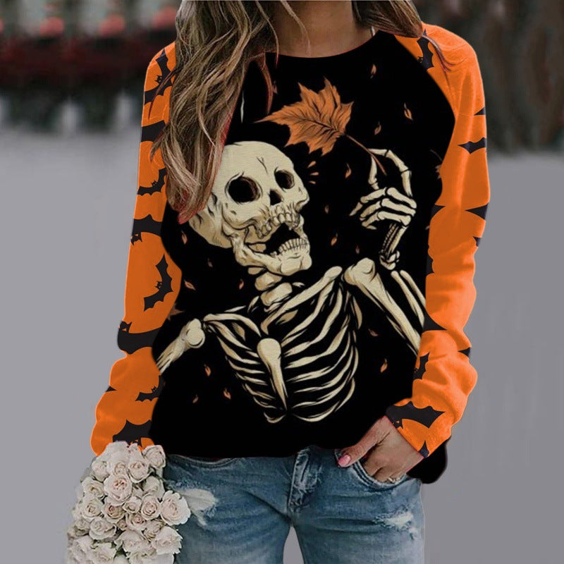 Women's Witch Print Halloween Sweatshirt with Bat Sleeves