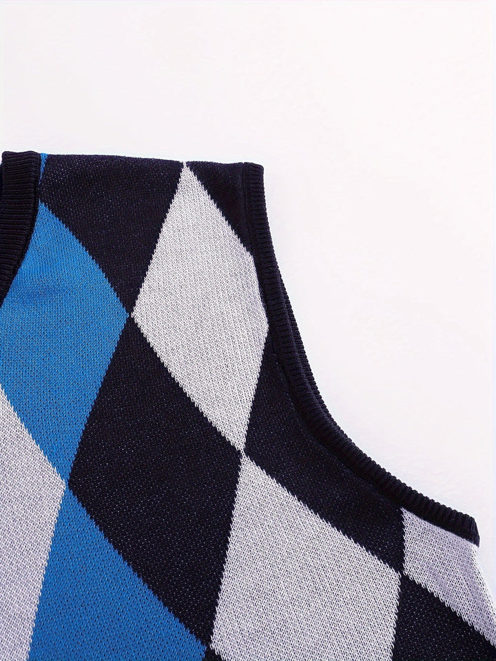 Men's Argyle Knit Sweater Vest with V-Neck