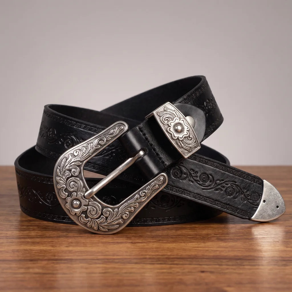 Embossed Leather Western Belt with Engraved Buckle