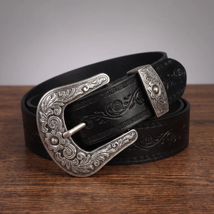 Embossed Leather Western Belt with Engraved Buckle