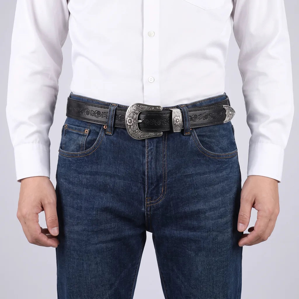 Embossed Leather Western Belt with Engraved Buckle