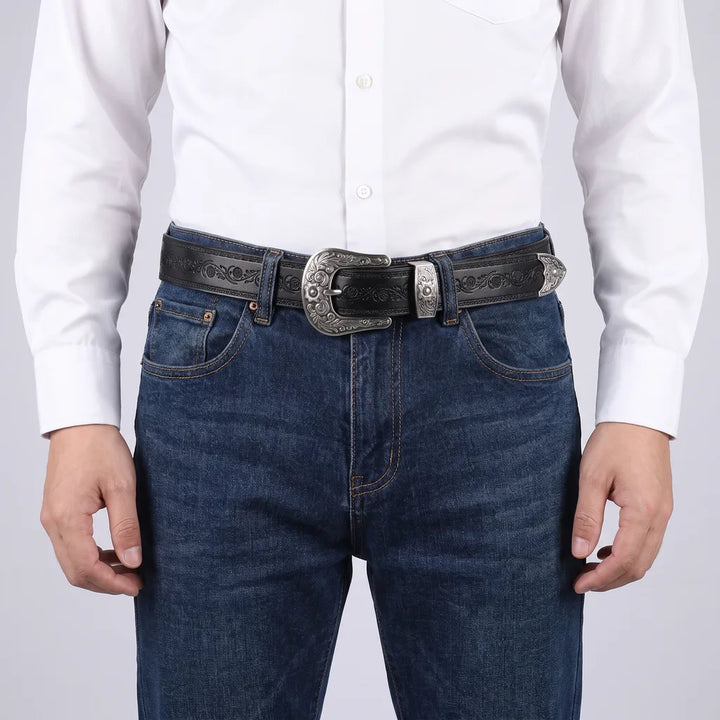 Embossed Leather Western Belt with Engraved Buckle