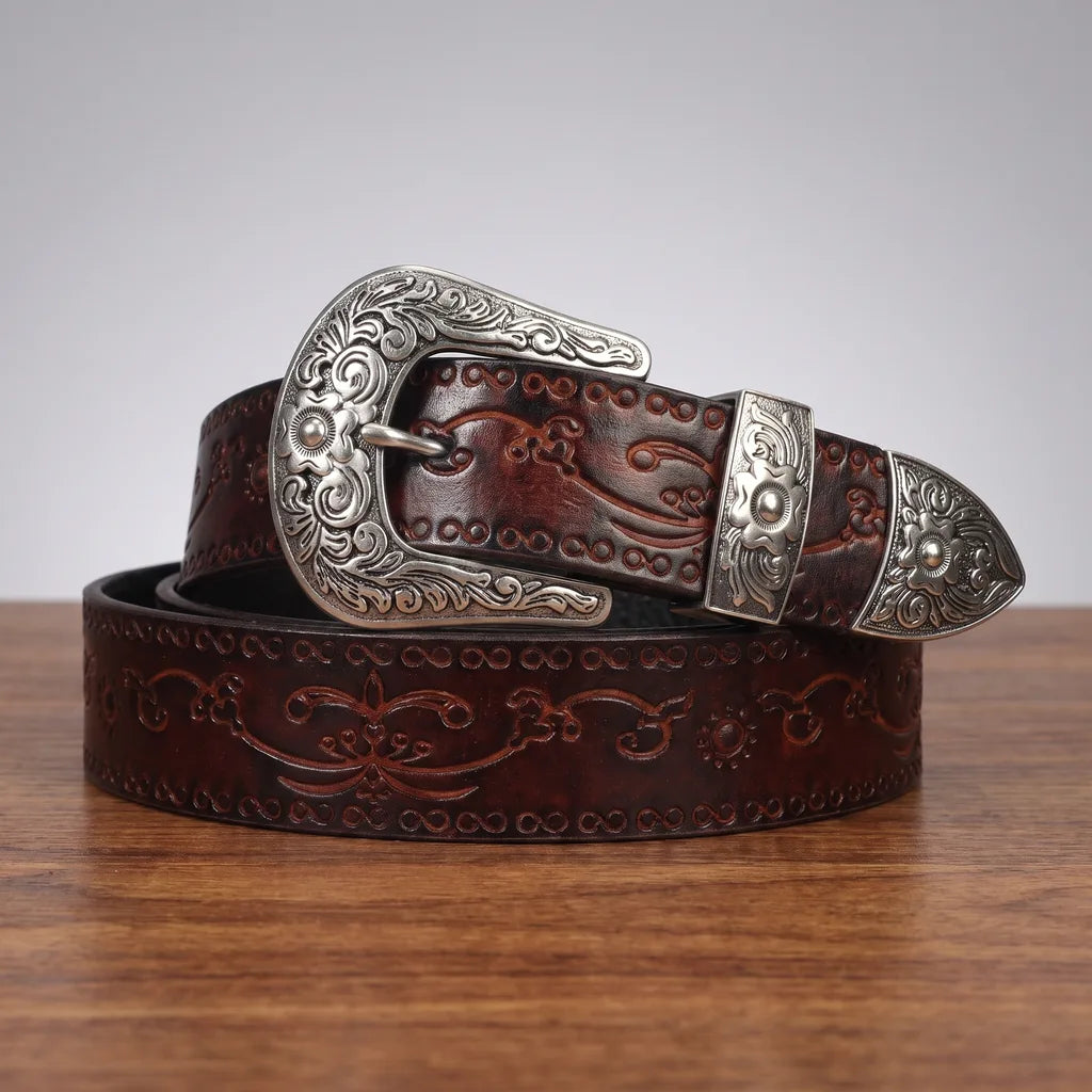 Embossed Leather Western Belt with Engraved Buckle