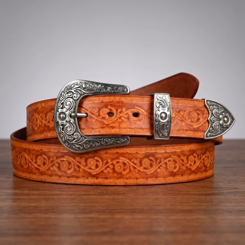 Embossed Leather Western Belt with Engraved Buckle