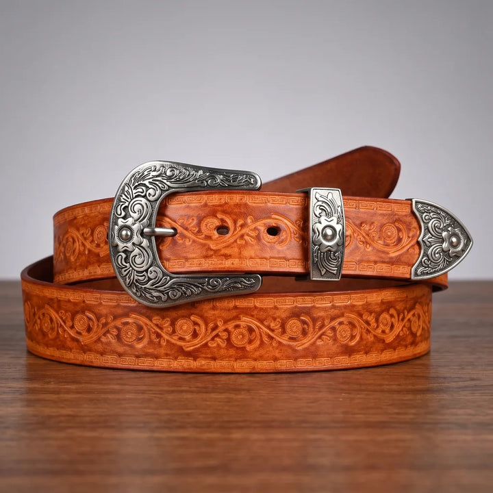 Embossed Leather Western Belt with Engraved Buckle